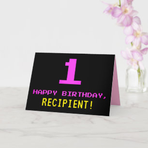 Fun, Nerdy, Geeky, Pink, 8-Bit Style 1st Birthday Card