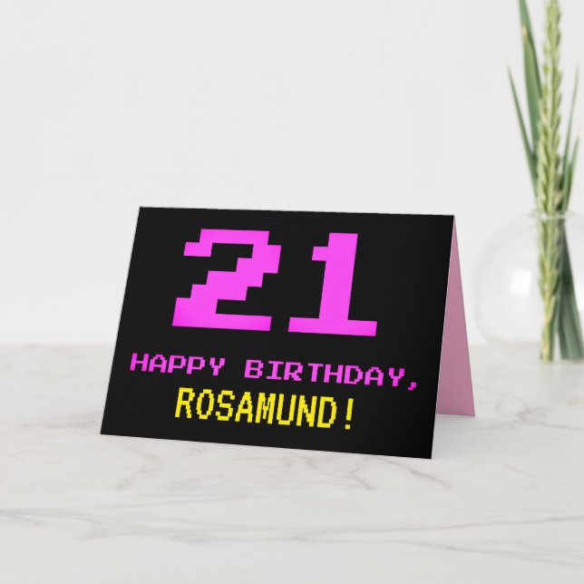 Fun, Nerdy, Geeky, Pink, 8-Bit Style 21st Birthday Card (Front)