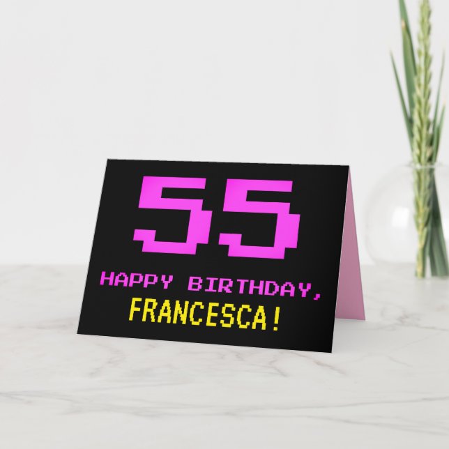 Fun, Nerdy, Geeky, Pink, 8-Bit Style 55th Birthday Card (Front)