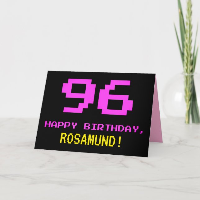 Fun, Nerdy, Geeky, Pink, 8-Bit Style 96th Birthday Card (Front)