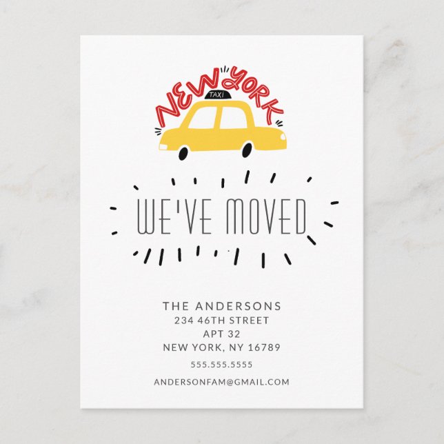 Fun New York Yellow Taxi Moving Announcement Card (Front)