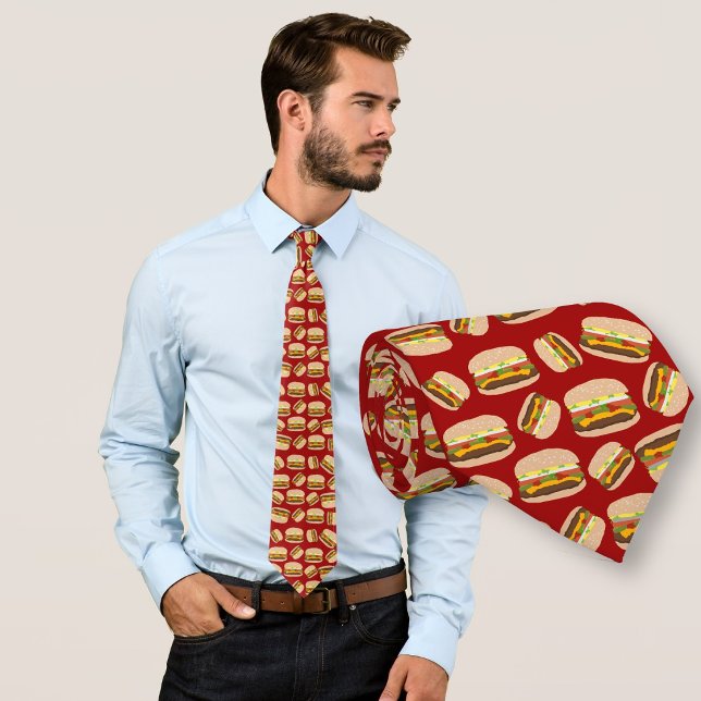 Fun Novelty Cheeseburger Pattern Red Tie (Creator Uploaded)