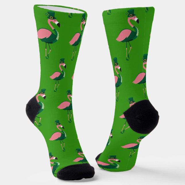 Fun Novelty Flamingo St Patricks Day Socks (Angled)