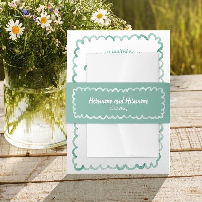Fun Olive Green White Hand Drawn Name Date Wedding Invitation Belly Band (Creator Uploaded)