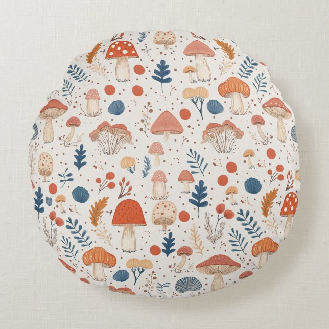 Fun Orange Autumn Mushroom Fairy Round Pillow (Front)