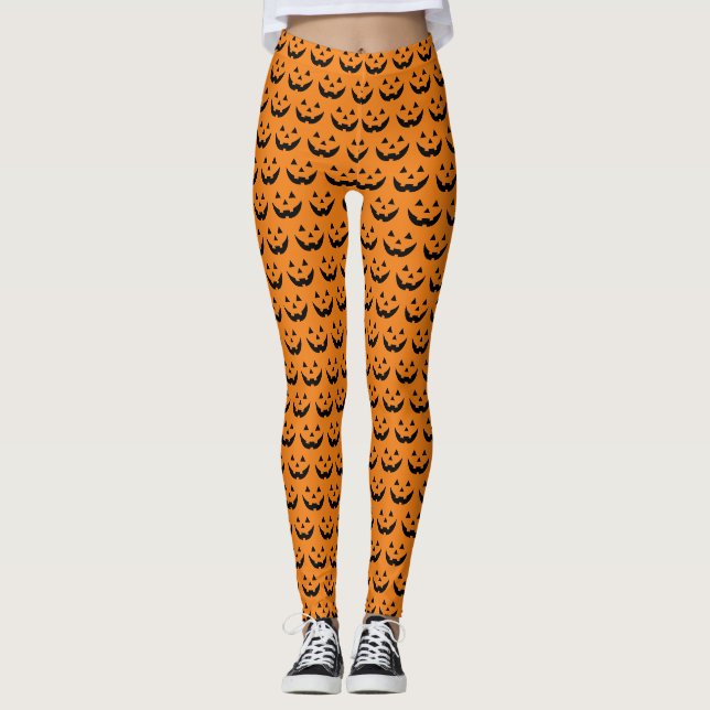 Fun orange black Jack o lantern pattern Halloween Leggings (Front)