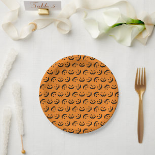 Fun orange black jack o lantern pattern Halloween Paper Plate