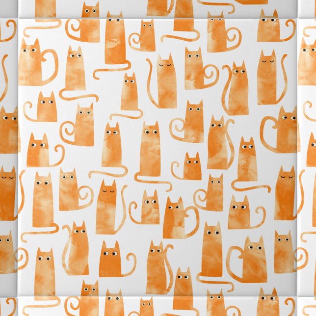 Fun Orange Cat Ceramic Tile (Ginger Orange Cat watercolor pattern ceramic tile for animal lovers)