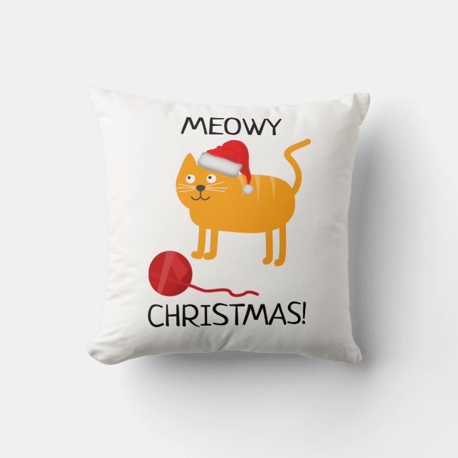 Fun Orange Cat Meowy Christmas Pillow (Front)