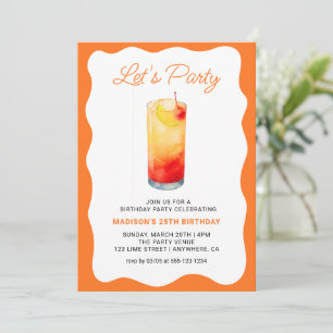 Fun Orange Chic Wavy Summer Cocktail Birthday Invitation