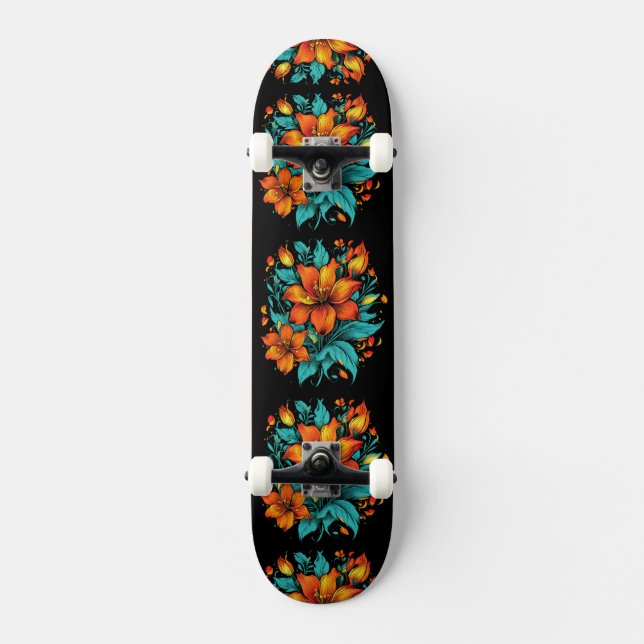 Fun Orange Flowers Skateboard (Front)