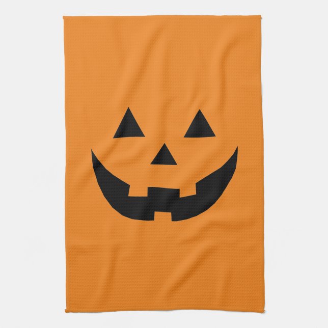 Fun orange jack o lantern pumpkin face Halloween Tea Towel (Vertical)