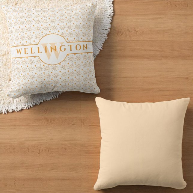 Fun Orange Monogram Name Hand Drawn Sun Cushion (Front and back monogram matching color back)