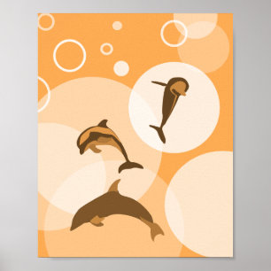 Fun Orange Wave Jumping Dolphins Poster