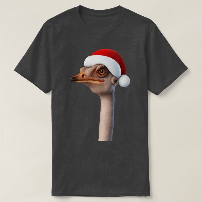 Fun Ostrich Weating Santa Hat Animal Humour T-Shirt (Design Front)