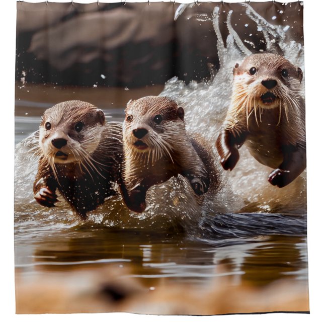 Fun Otters Running in Water Wildlife Animal Shower Curtain (Front)