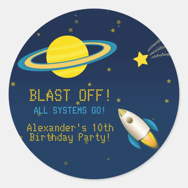 Fun Outer Space Rocket  Birthday Party Sticker (Front)