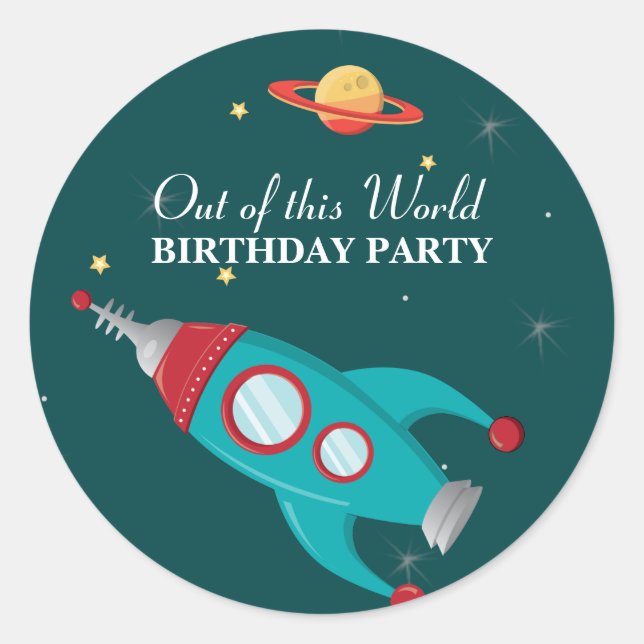 Fun outer space rocket birthday party stickers (Front)
