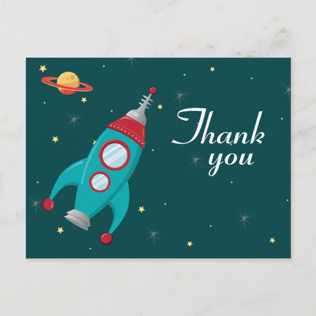 Fun outer space rocket birthday thank you postcard (Front)