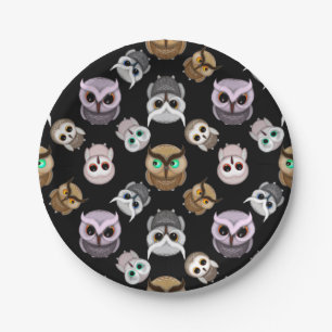Fun Owl Pattern on Black Background Paper Plate