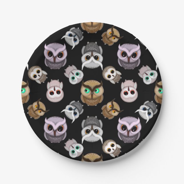 Fun Owl Pattern on Black Background Paper Plate (Front)