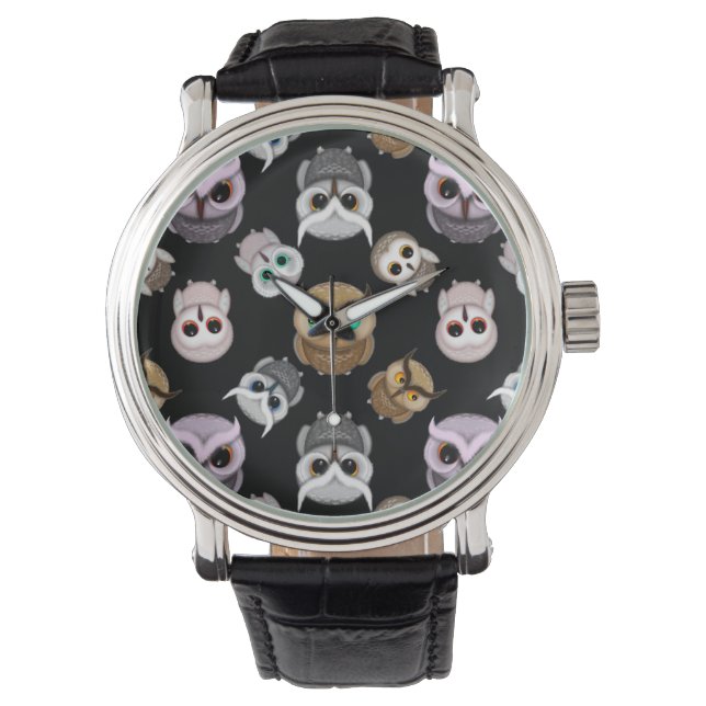 Fun Owl Pattern on Black Background Watch (Front)