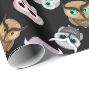 Fun Owl Pattern on Black Background Wrapping Paper