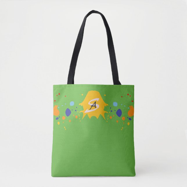 Fun Paint Drips Spring Green Monogrammed Tote Bag (Front)