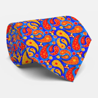 Fun Paisley Orange Red Yellow on Bright Royal Blue Tie
