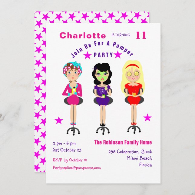 Fun Pamper Party Girls  Birthday Invites (Front/Back)