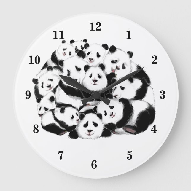 Fun Pandas Clock - Big Hugs - Black White Painting (Front)