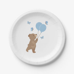 Fun Paper Baby Shower Bear Balloon Blue Decor Plate