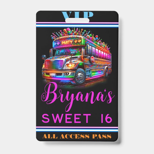 Fun Party Bus Bright Glowing Lights VIP Pass ID Badge (Front)