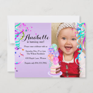 Fun Party Celebration Purple First Birthday Invitation