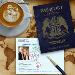 Fun Passport Destination Wedding Save the Date Postcard<br><div class="desc">These postcards are a fun way to let your friends and family know to save the date for your upcoming destination wedding. Designed to resemble a US passport, they feature a gold eagle on the front with the wedding couple's names, the date and location of the nuptials. The back resembles...</div>