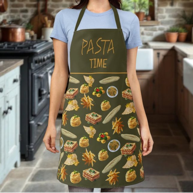 Fun Pasta Variety Pattern Ready to Personalise Apron (template pasta apron on green background)