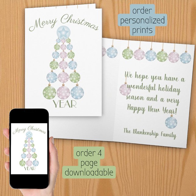 Fun Pastel Christmas Tree Ornaments Personalised Card (Christmas card template printed and as a download)