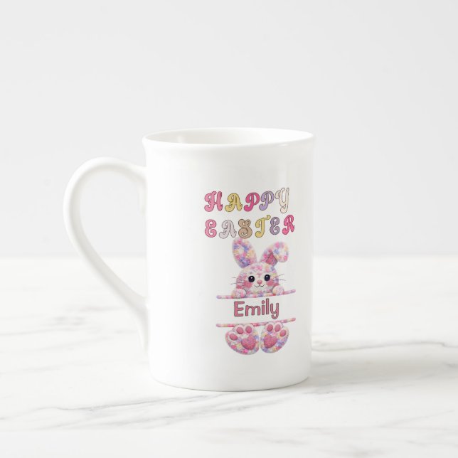 Fun Pastel Colour Easter Bunny Personalise Name Bone China Mug (Left)