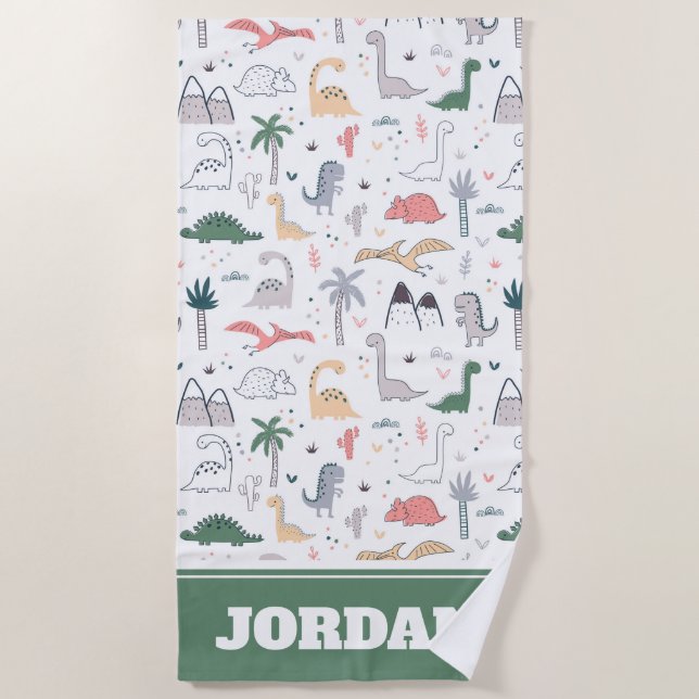 Fun Pastel Dinosaur Scene Pattern Beach Towel (Front)