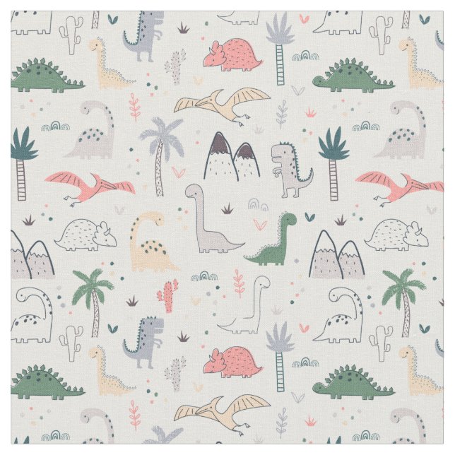 Fun Pastel Dinosaur Scene Pattern Fabric (Close Up)