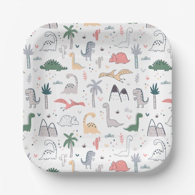 Fun Pastel Dinosaur Scene Pattern Paper Plate (Front)