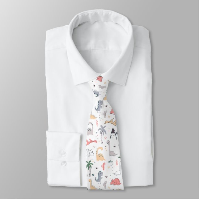 Fun Pastel Dinosaur Scene Pattern Tie (Tied)