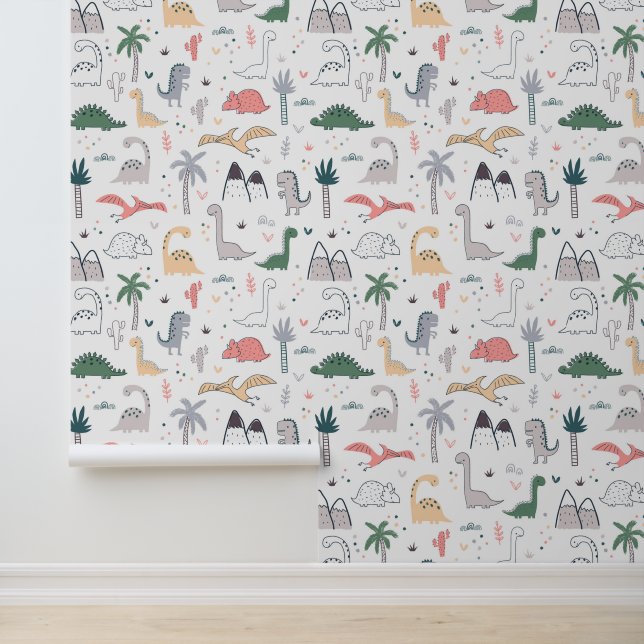 Fun Pastel Dinosaur Scene Pattern Wallpaper (Application)
