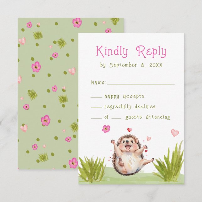Fun Pastel Hedgehog Garden Party Baby Shower RSVP (Front/Back)