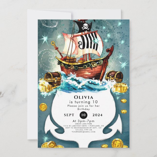 Fun Pastel Waves Ahoy Pirate Birthday Invitation (Front)