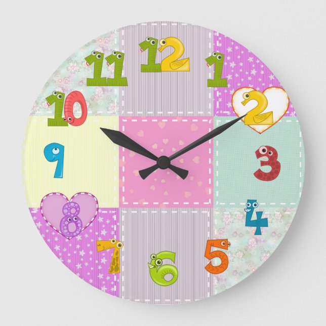 Fun patchwork clock with funky numbers for kids (Front)