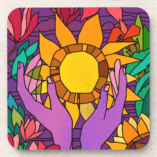 Fun pattern with flowers and hands coaster (Front)