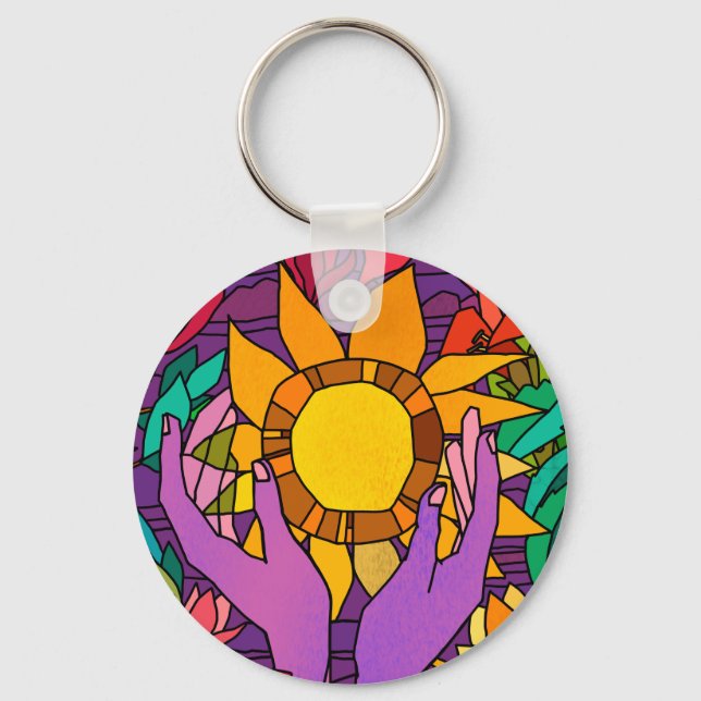 Fun pattern with flowers and hands key ring (Front)