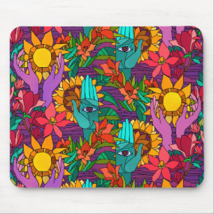 Fun pattern with flowers and hands mouse pad