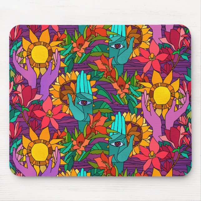 Fun pattern with flowers and hands mouse pad (Front)